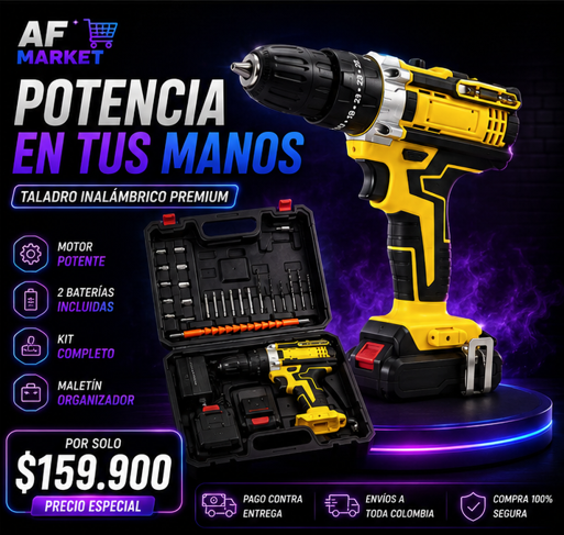 Taladro Inalámbrico 2 Baterías + Maletín + Kit de Accesorios
