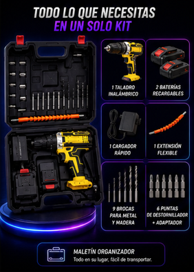 Taladro Inalámbrico 2 Baterías + Maletín + Kit de Accesorios